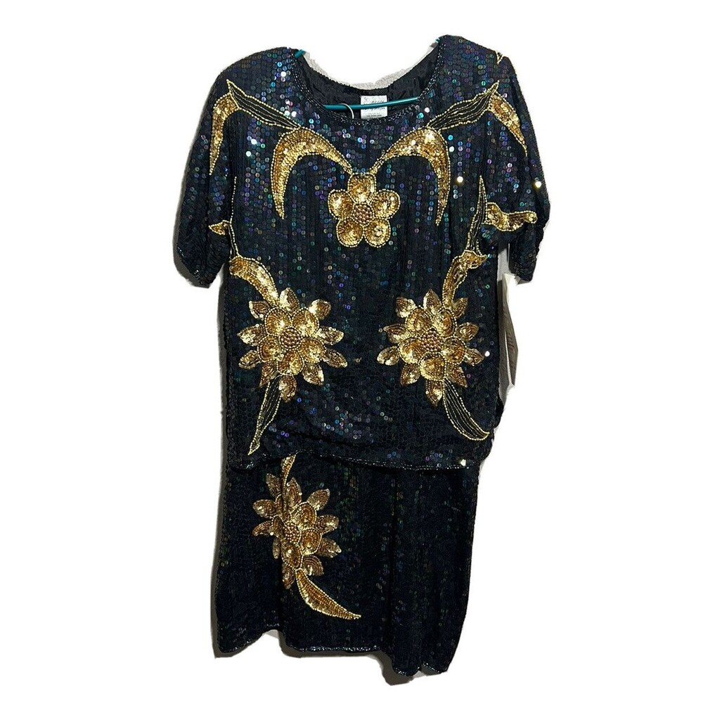 Elegance By Anujan Beaded Sequin Formal Trophy Top Skirt Set Sz S Gold Silk